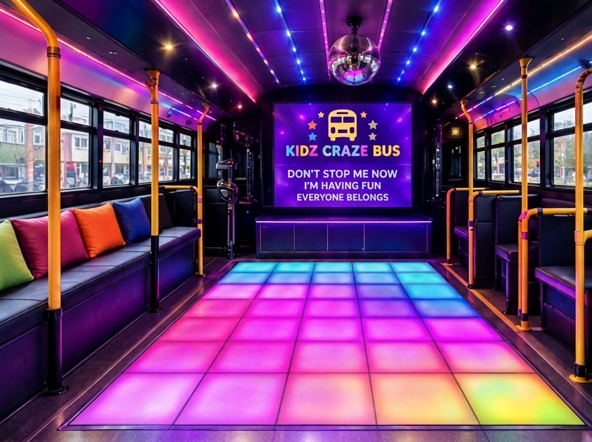 Lower deck of the Kidz Craze bus with a glowing LED dance floor, mirror ball and karaoke screen