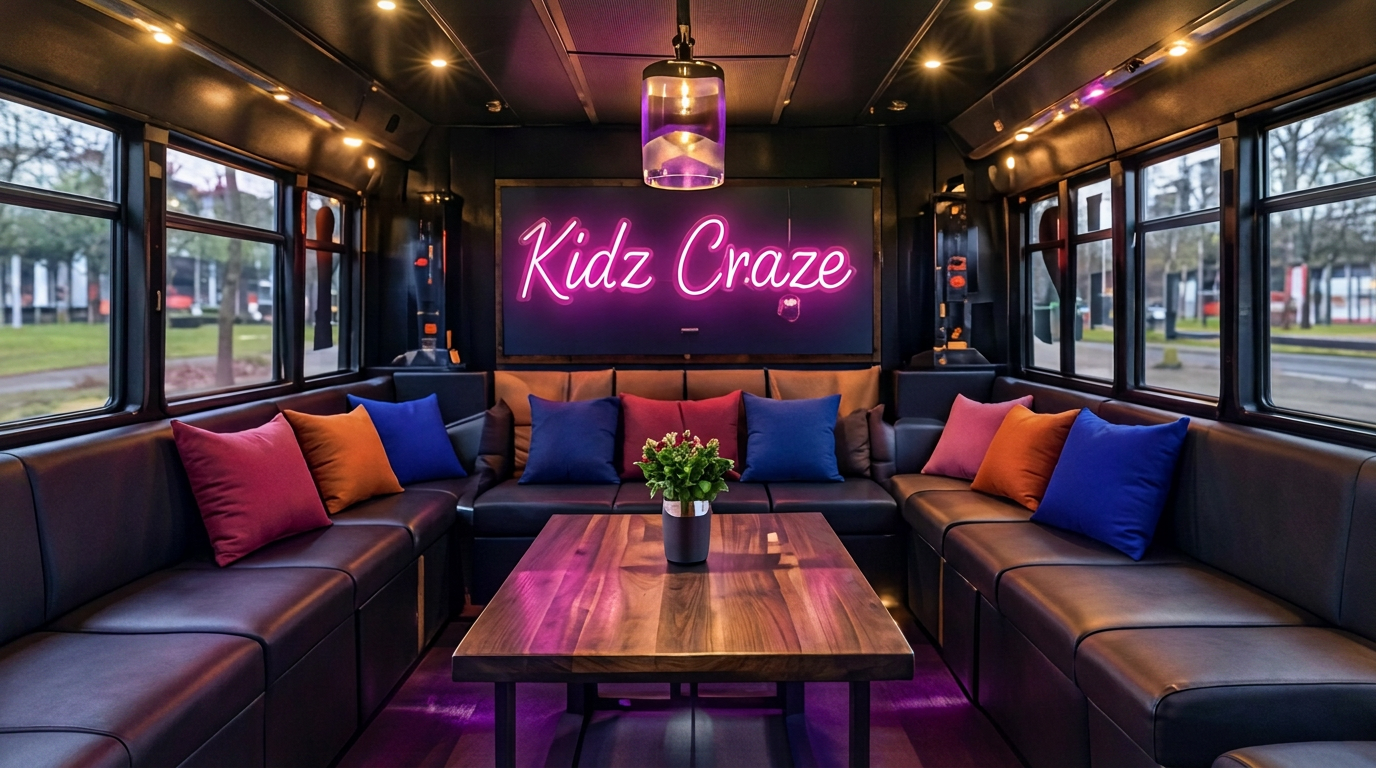 Upper deck cafe and relax zone with a pink Kidz Craze neon sign and colourful booth seating