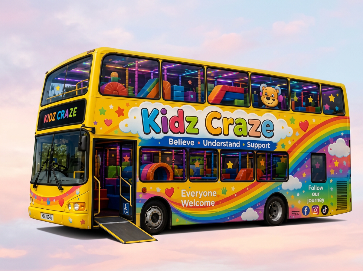 The Kidz Craze yellow double-decker sensory soft play bus